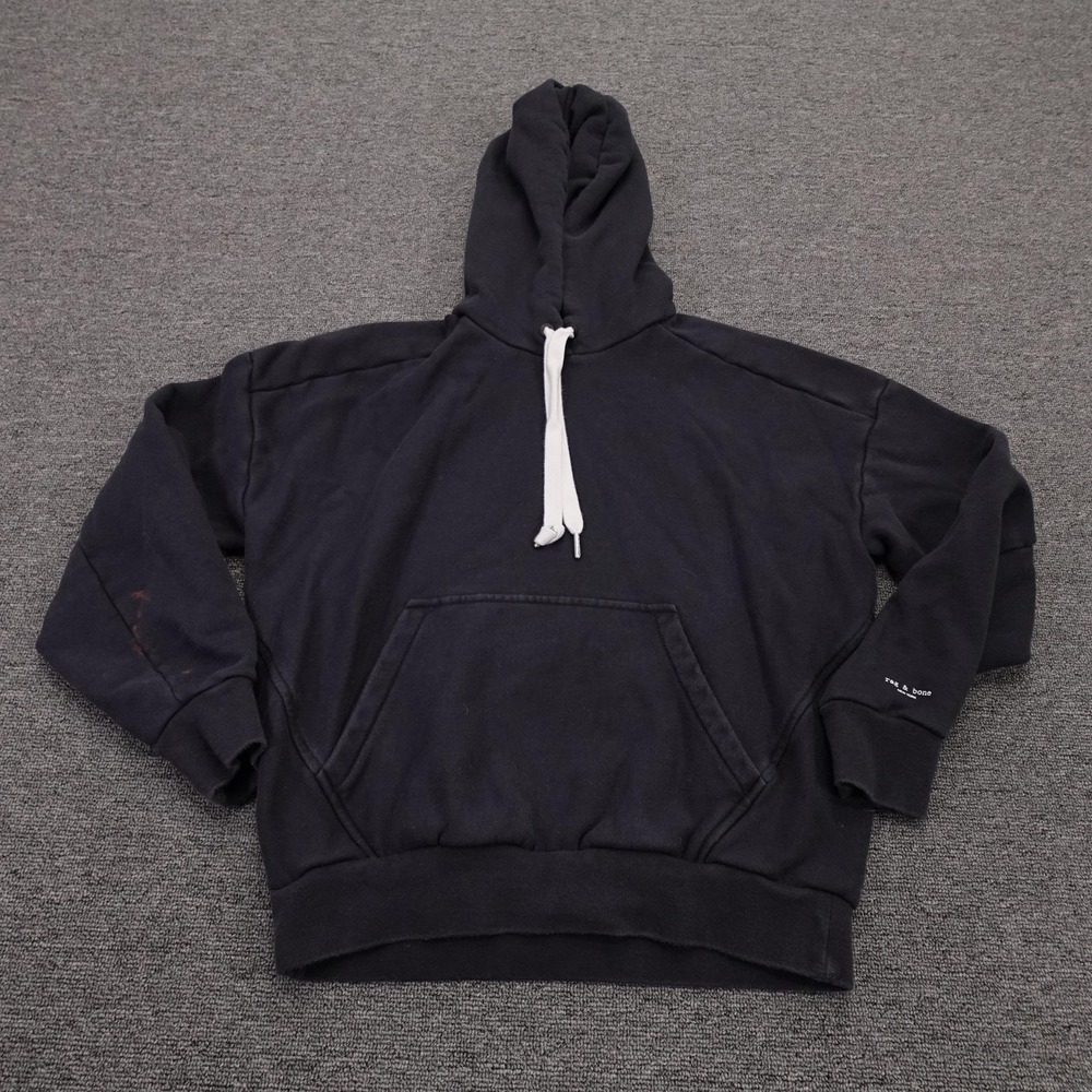 Rag & Bone Hoodie Mens Medium Black Pullover Fleece Logo Sweatshirt Raglan‎